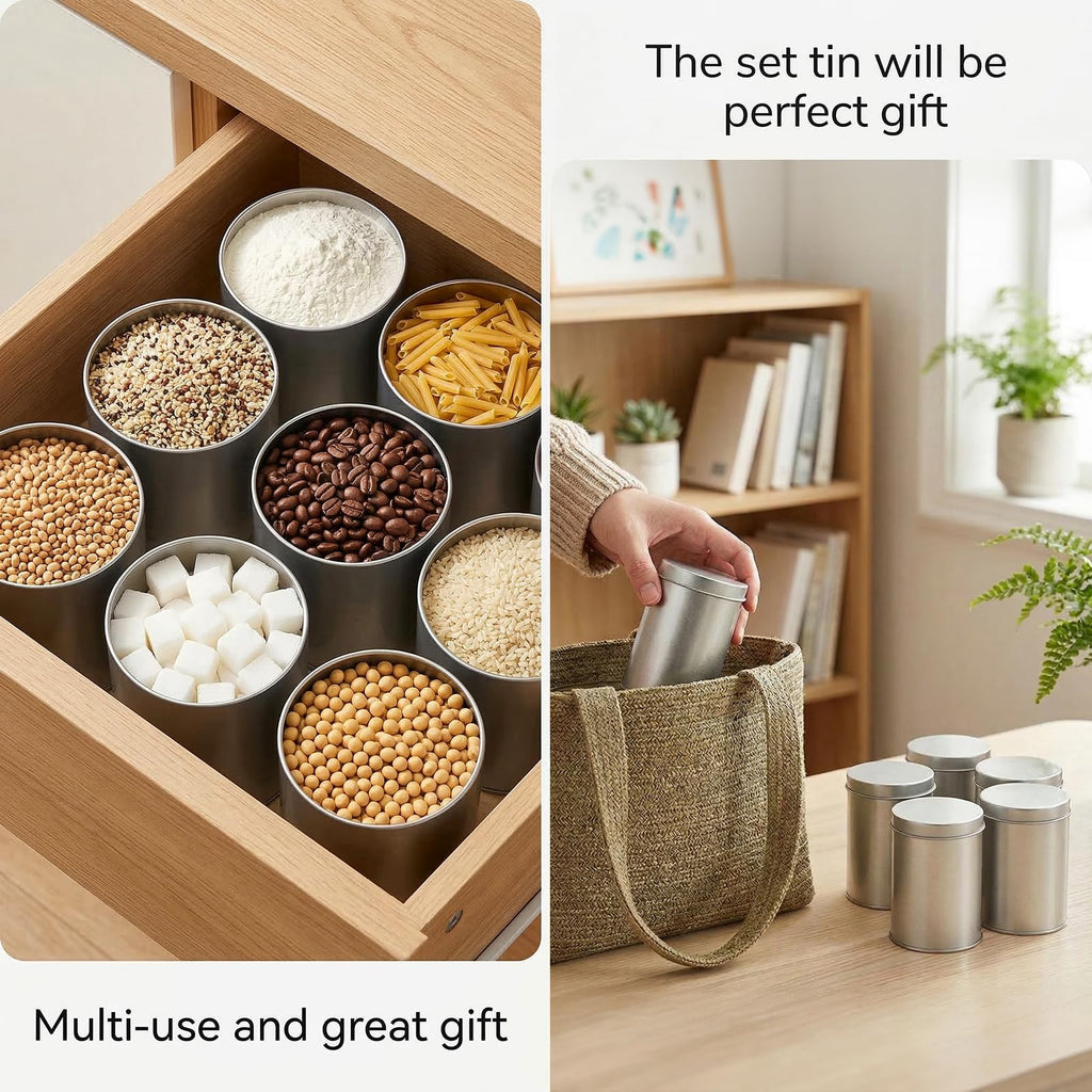 6 Pack Tea Tin Canister with Airtight Double Lids, 12 Fluid Oz Tin Can Box and Small Round Kitchen Canisters for