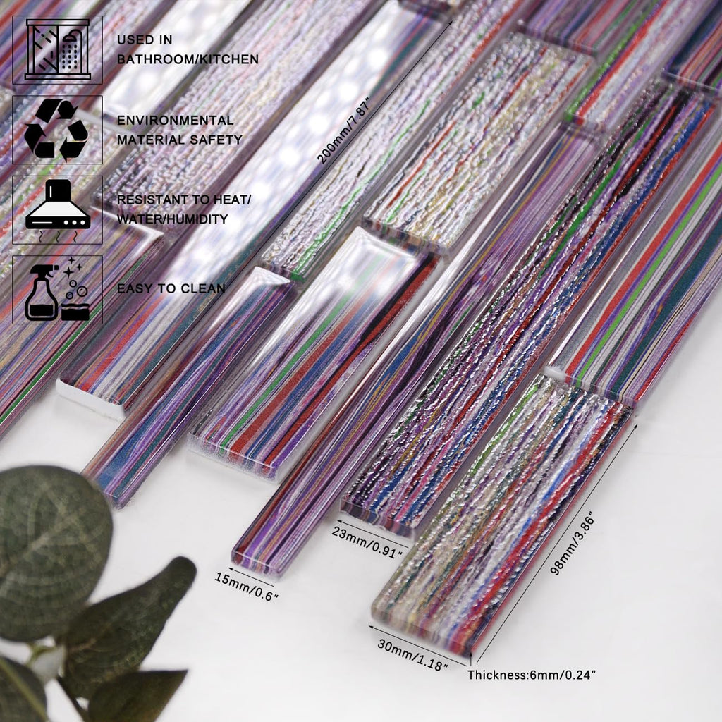Artisan Linear Glass Mosaic Tile Backsplash, Bathroom & Bar Feature Wall, 6mm Thick Prism-Mix Crystal Strips