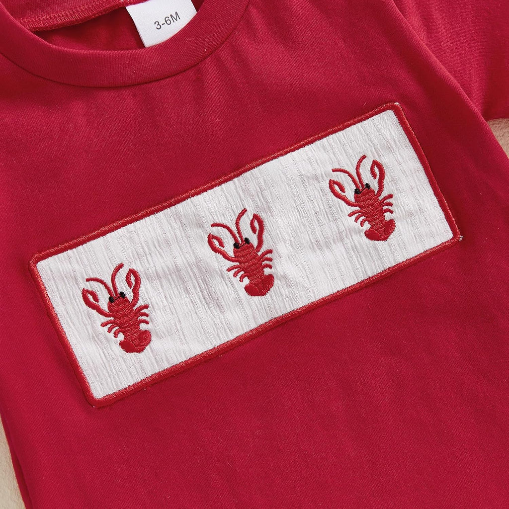 Toddler Baby Boy Summer Clothes Cute Crawfish Outfit Lobster Short Sleeve T-shirt Tops & Stripes/Gingham Shorts Set