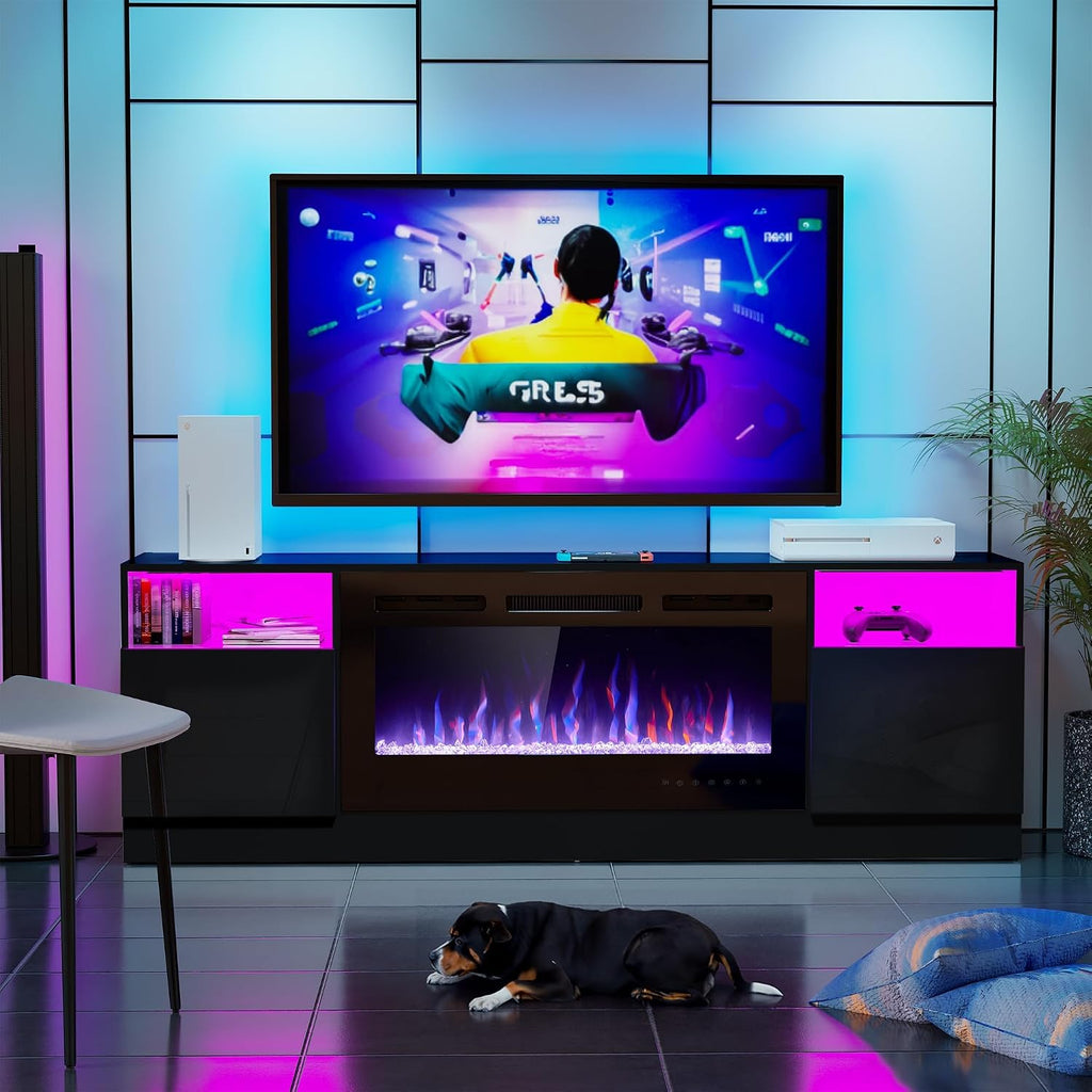 Fireplace TV Stand, LED Light Entertainment Center with 36 Electric Fireplace and Storage Cabinet, Media Console