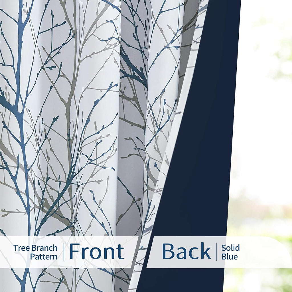 100% Blackout Curtains, Blue White Tree Curtains 84 Inches Long, Grey Farmhouse Room Darkening Window Curtains for