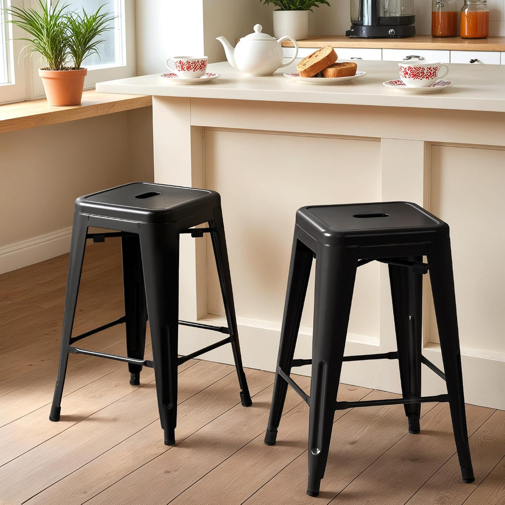 24 Inch Metal Bar Stools Set of 4, Counter Height Bar Stools Height High Backless Stools Industrial Stackable Bar