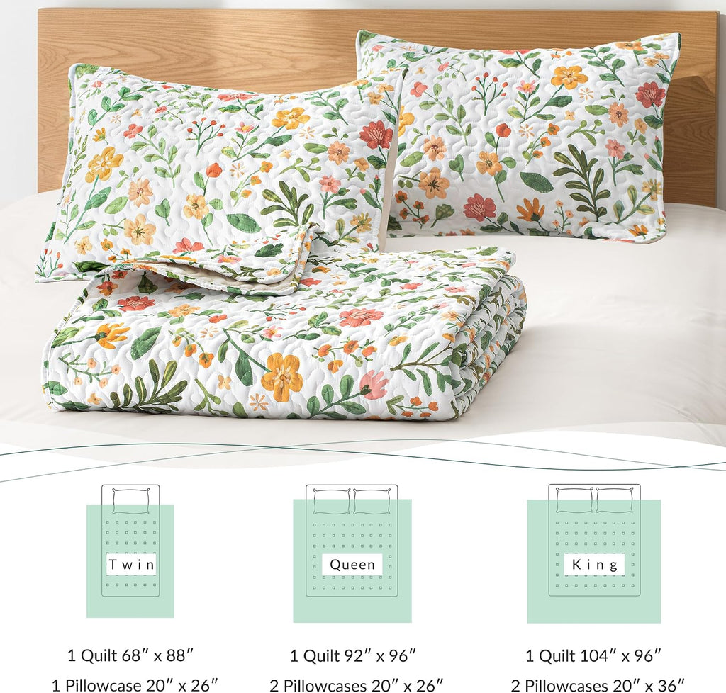 Floral Quilts Queen, White Queen Quilt Bedding Set with Chic Vintage Botanical Pattern, Reversible Lightweight Spring