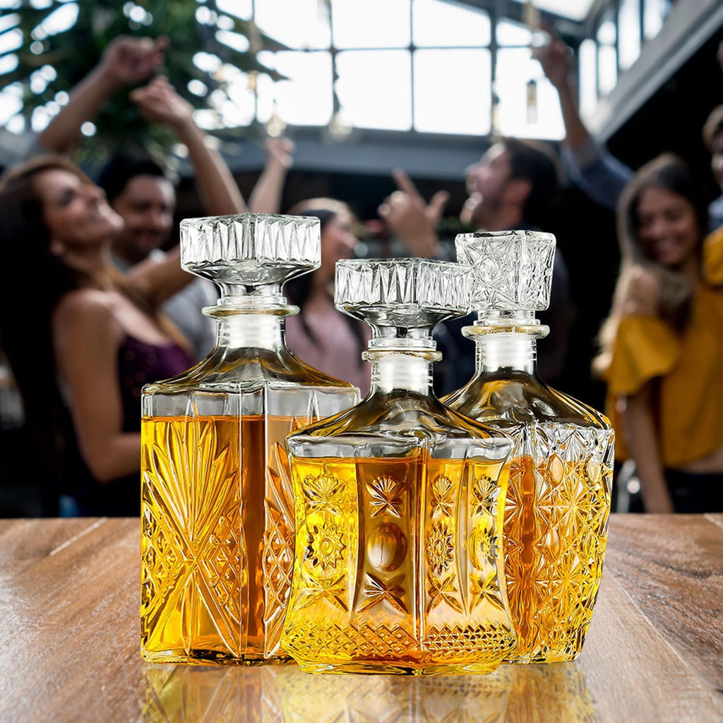 Whiskey Decanter, Premium Crystal Spirits Decanter for Scotch, Bourbon, Vodka & Whisky, Ideal Barware & Gift - Set of 3