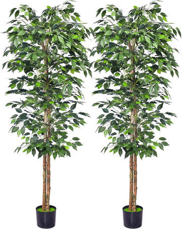 2Packs 6FT Artificial Ficus Trees with Realistic Leaves and Natural Trunk, Faux Ficus Tree with Sturdy Plastic