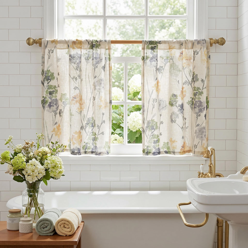Floral Linen Kitchen Tier Cafe Curtains 24 Inch Length 2 Panels Farmhouse Semi Sheer Privacy Small Window Treatments