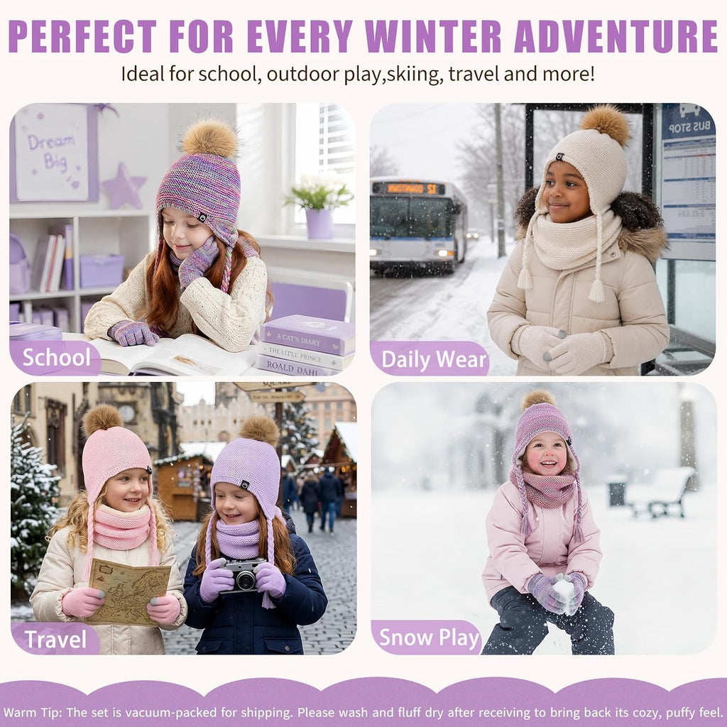 Kids Winter Hat Gloves Scarf Set Warm Earflaps Soft Fleece Lined