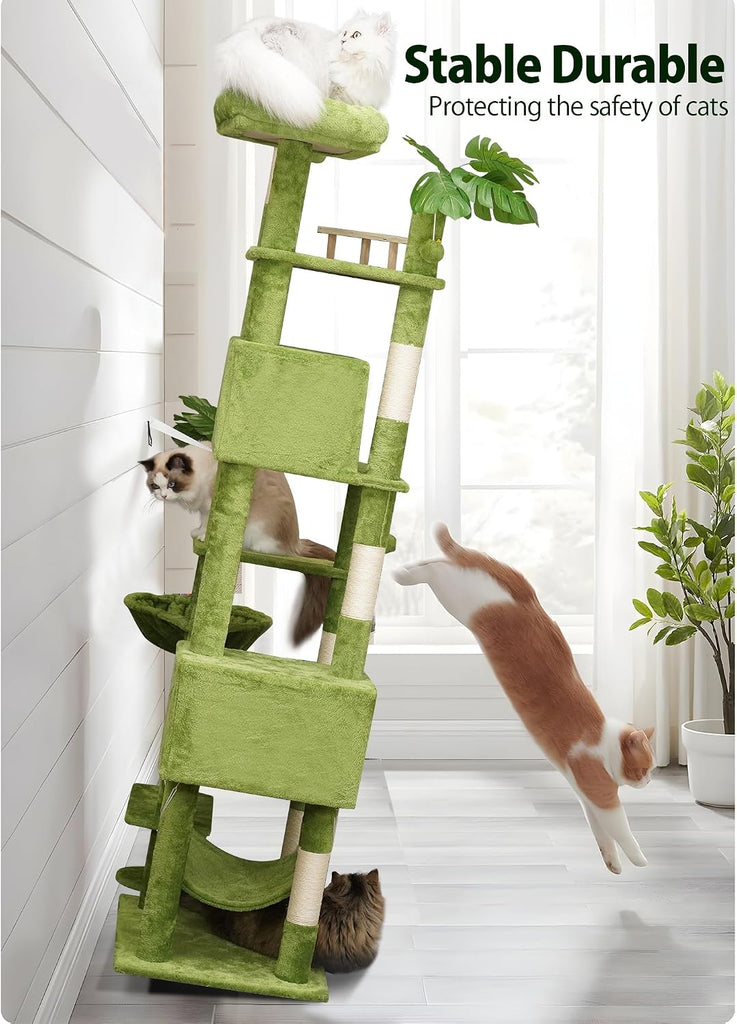 77in Tall Cat Tree for Large & Heavy Cats, 4-Level Indoor Cat Tower with Leaves, Sisal Scratching Posts, 2 Cat