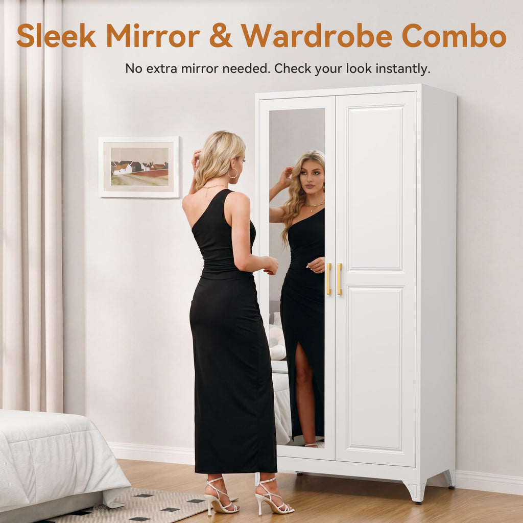 Metal Armoire Wardrobe Closet with Mirror, 71" Tall White Cabinet