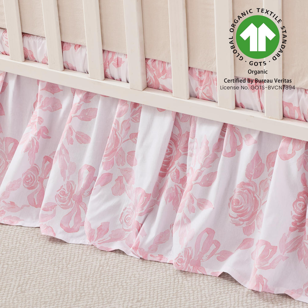 Organic Cotton Crib Skirt Dust Ruffle, Baby Girl Crib Bed Skirt, 4-Sided, Luxury French Vintage Pink Rose Floral &