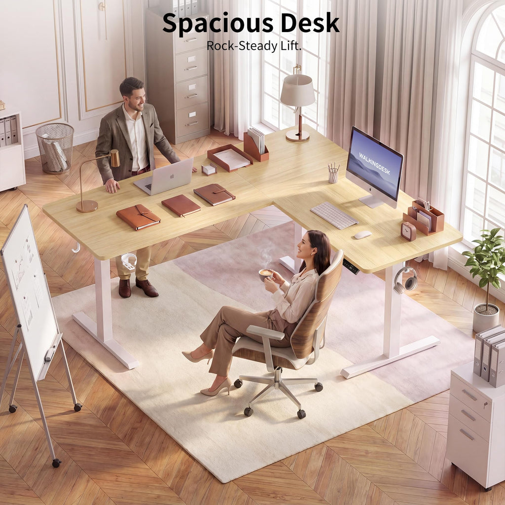 Reversible L Shaped Standing Desk Height Adjustable with Cup Holder, Electric Corner Computer Desk, Sit Stand up Home