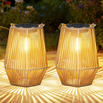 2 Pack Solar Lanterns Outdoor Waterproof, Hanging Rattan Woven Solar Lights with Auto On/Off, Decorative Gifts for