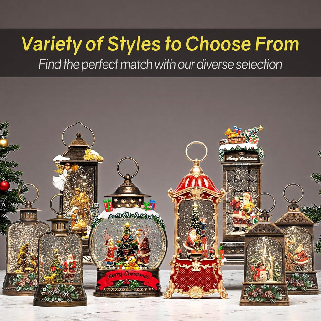 14" Christmas Snow Globe Lantern with Santa Claus - Swirling Glitter LED Light Musical Water Lantern with Rotatable