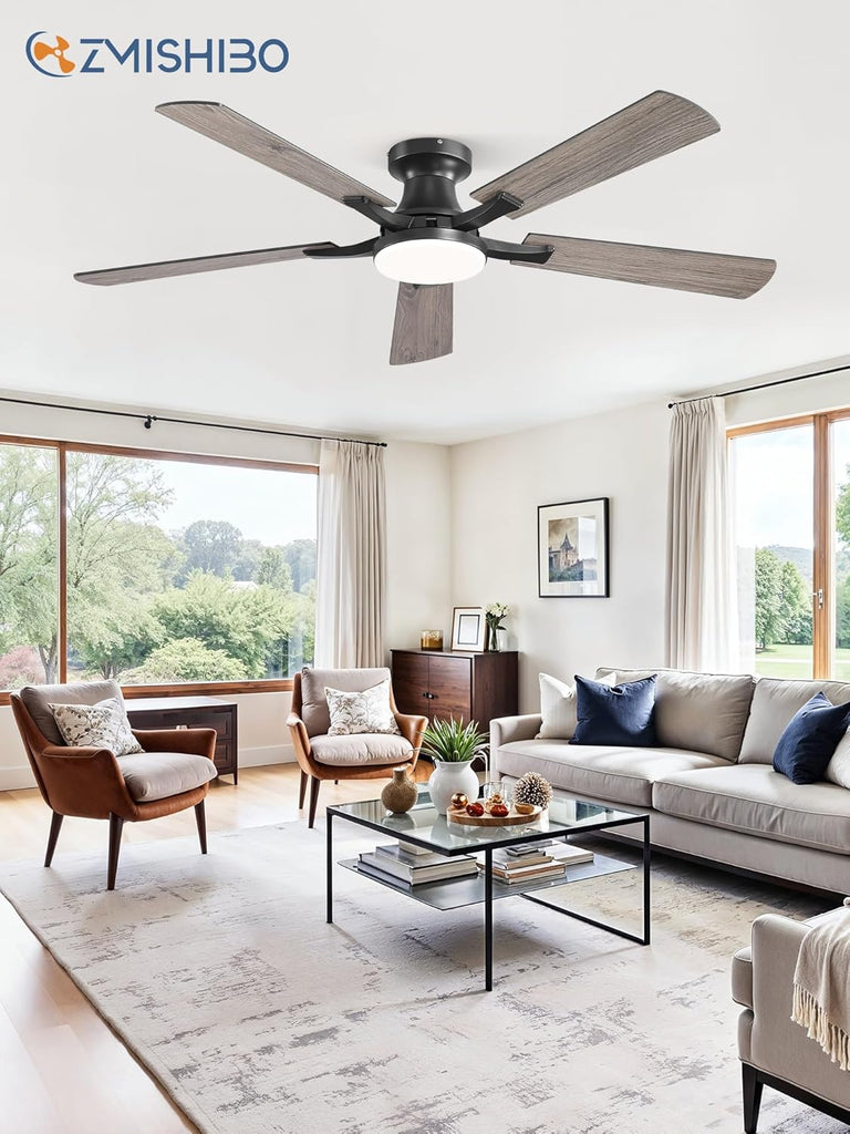 52 Inch Ceiling Fan with Light, App&Remote Control, Flush Mount Low Profile, Dimmable 20W LED Light, Quiet Reversible Motor for Bedroom, Living Room, Apartment, Black A101-B0DPHBLS5W