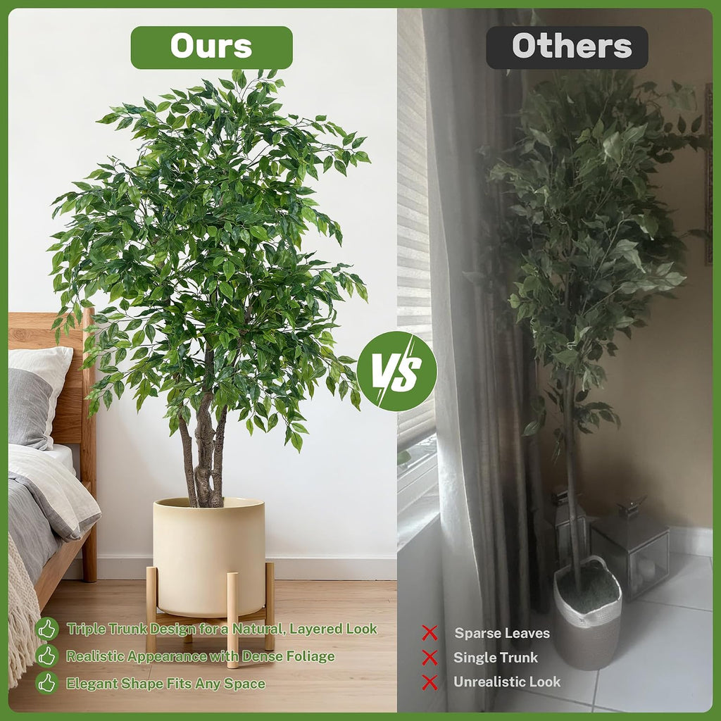 Ficus Tree Artificial with Triple Trunks, 5.5ft Fake Ficus Tree in Black Pot, Tall Artificial Tree Potted Plant