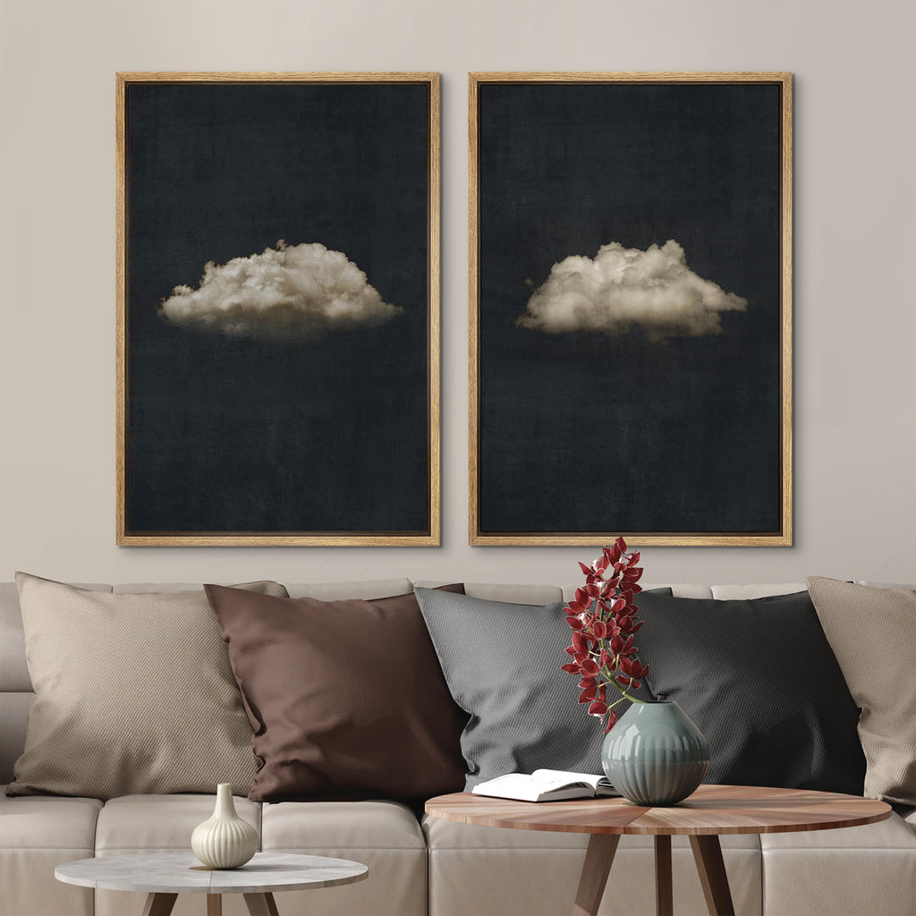 Framed Canvas Print Wall Art Minimalist Cloud on Dark Background, Modern Monochrome Nature Illustrations Modern Art
