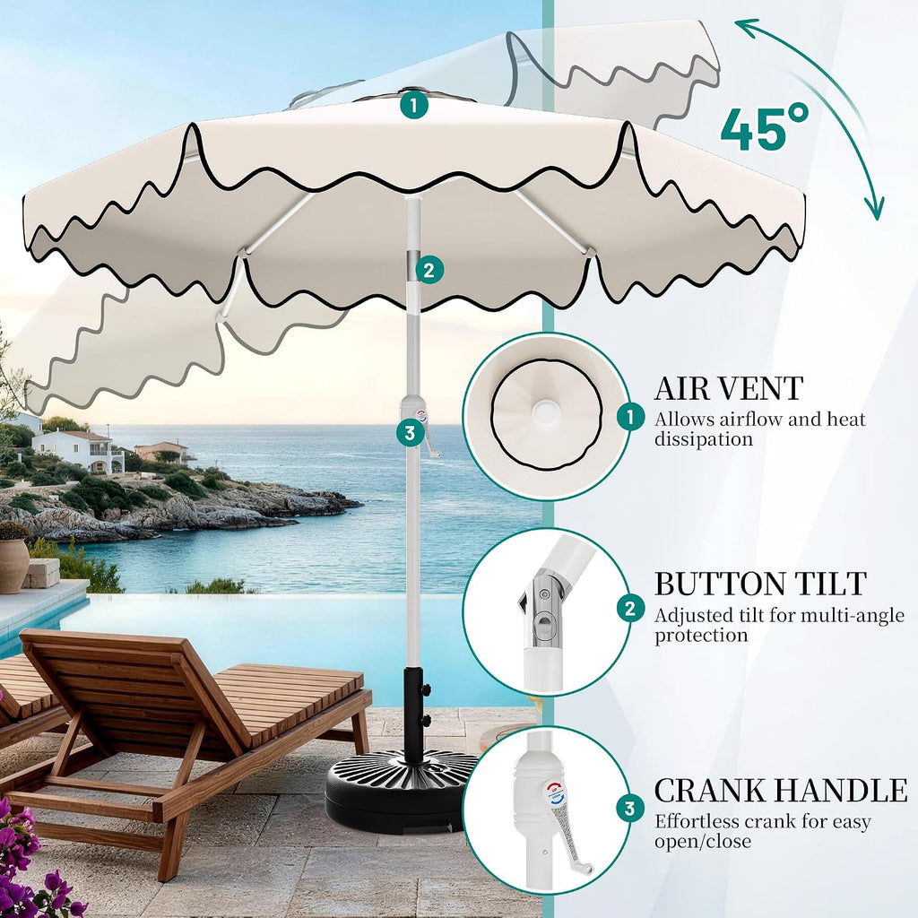 Patio Umbrella with Wavy Trim, UV-Fade-Resistant Canopy, Crank & Tilt - White 7.5ft