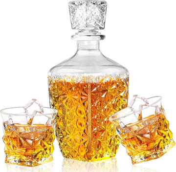 Whiskey Decanter Set with 2 Glasses, Glass Liquor Decanter 28oz - Set of 2