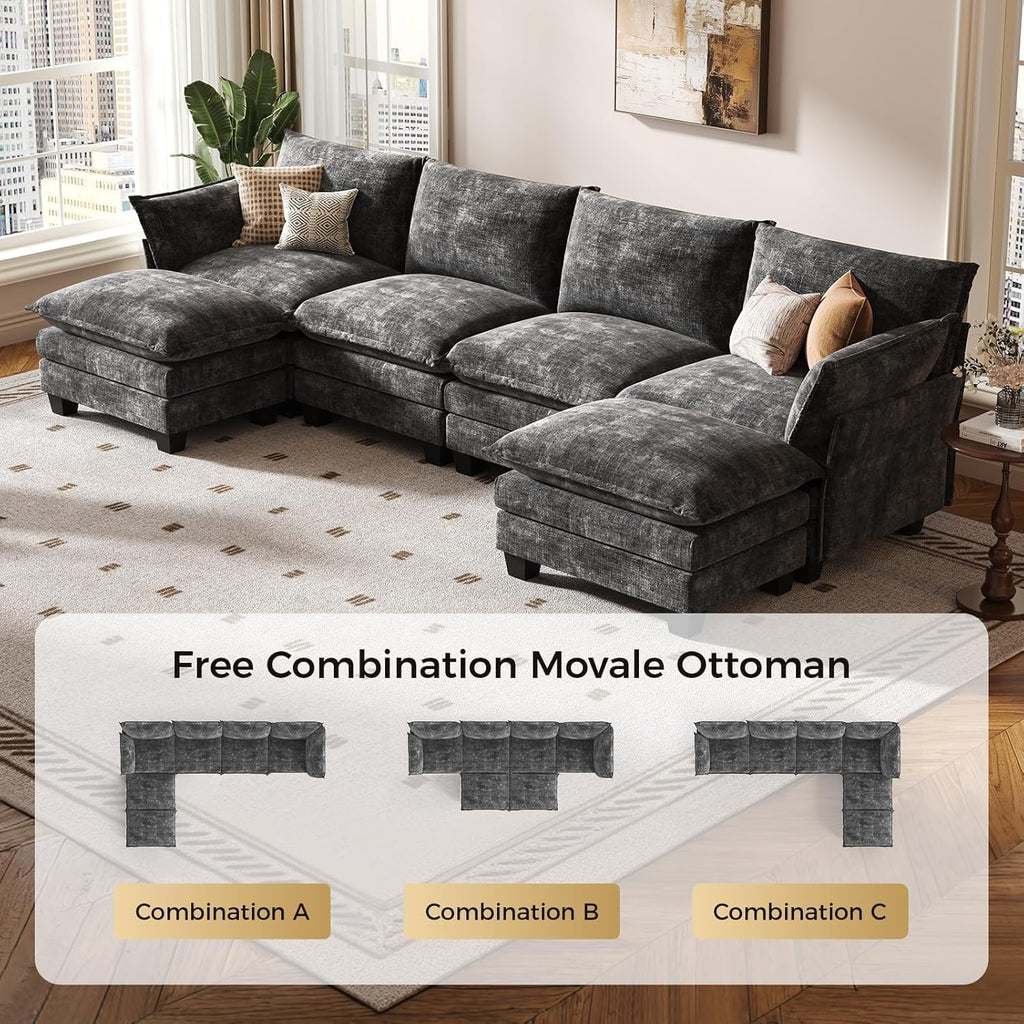 KKL 120" Modular Sectional Sofa for Living Room, U-Shaped 6 Seater Convertible L-Shaped Cloud Couch with Ottoman