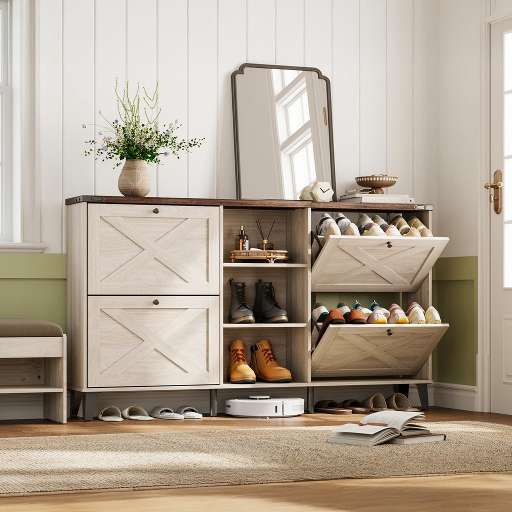 63" Farmhouse Shoe Storage Cabinet Washed White
