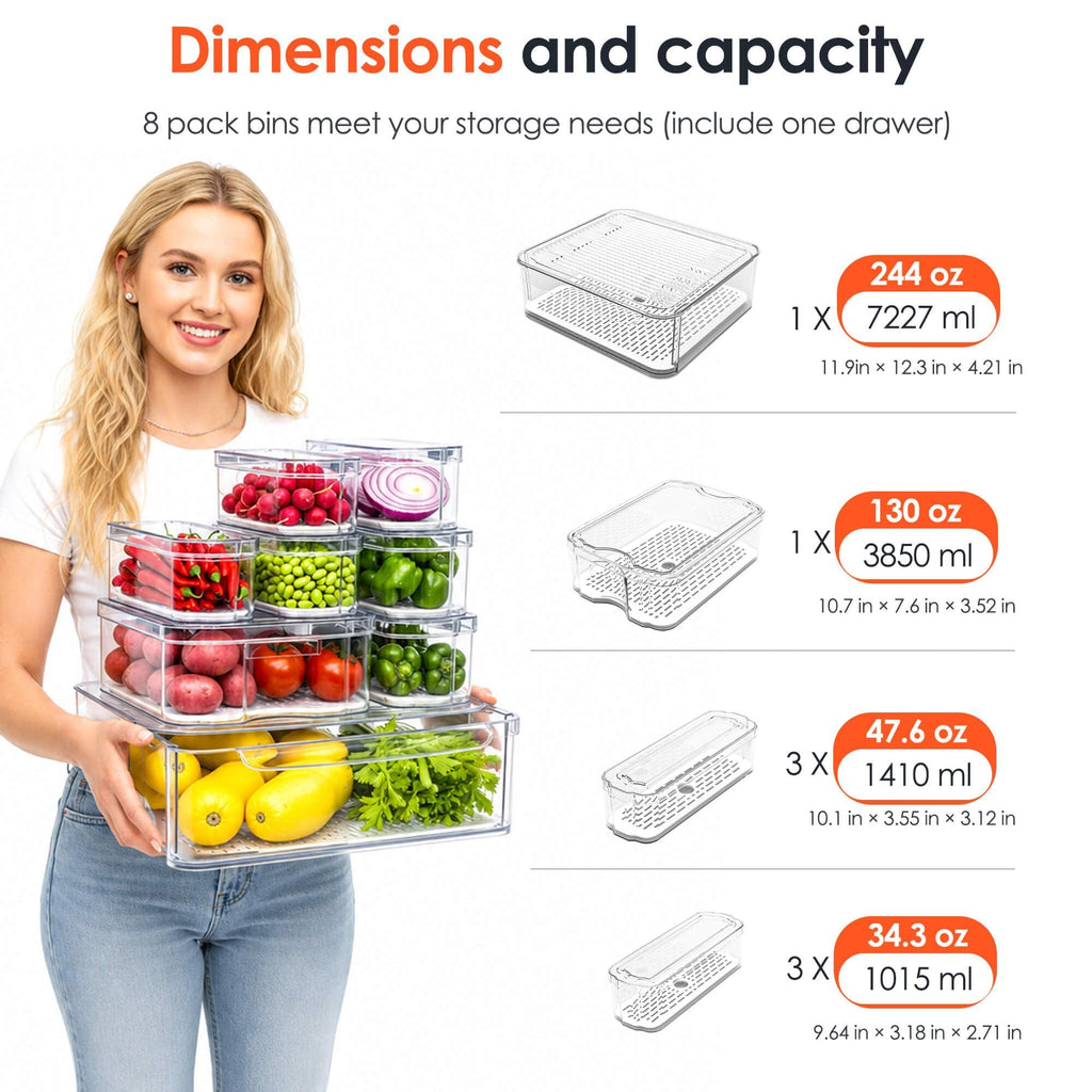 8 Pack Clear Fridge Organizer Bins with Drain Trays - Stackable