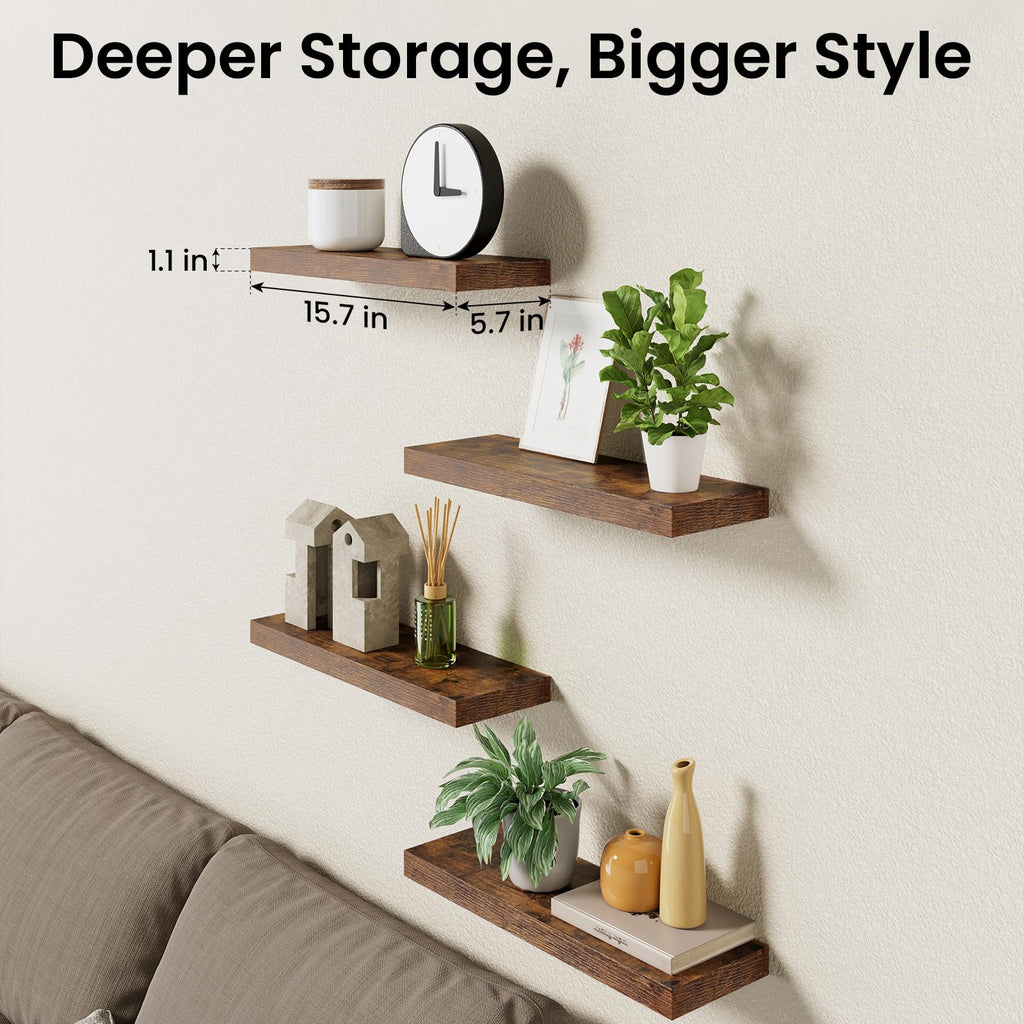 Rustic Brown Floating Shelves 15.7in, Set of 4, Wall Mount Wood Shelf