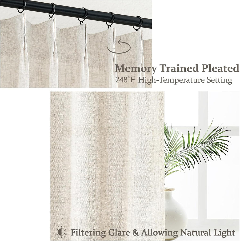 Pinch Pleated Linen Curtains 96 Inches Long for Living Room Bedroom, Light Filtering Boho Window Drape 96 inch 2