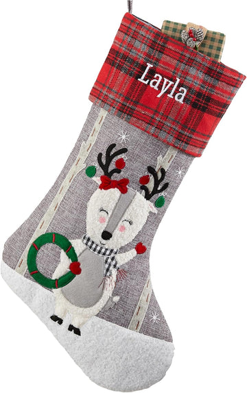 Wintry Cheer , Name, Embroidered Family Name or Monogram, Buffalo Check Cuff - 19.5" L x 7.5" W, 100% Polyester - Deer
