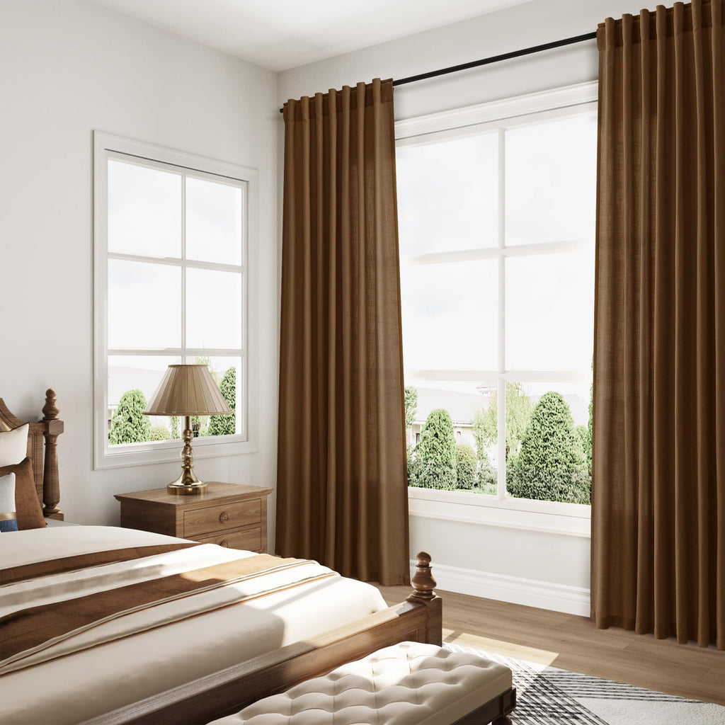 Tobacco Brown Linen Curtains 90 Inch Long Living Room Linen Textured Window Drapes Semi Sheer Light Filtering Rod