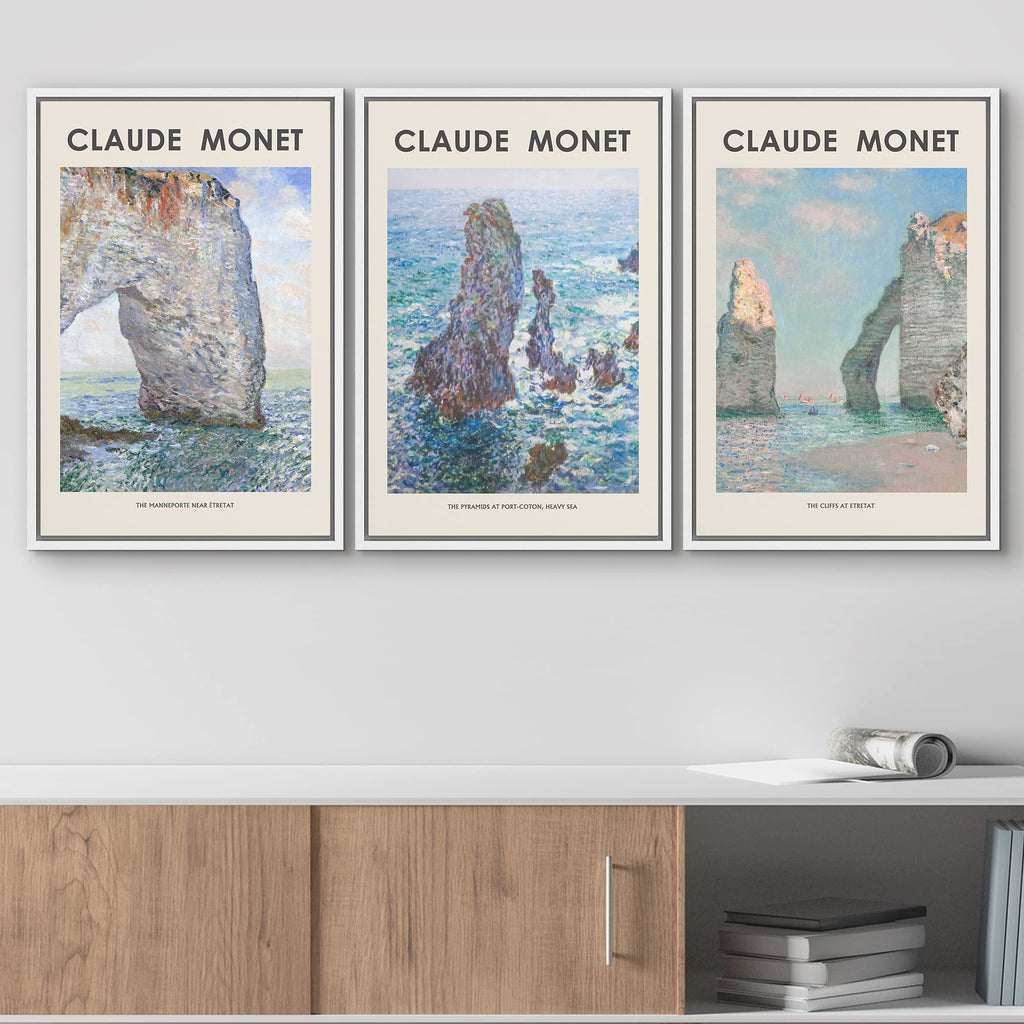 Framed Canvas Wall Art Print Set Beach Ocean Cliffs in France by Claude Monet Nature Wilderness Illustrations Modern