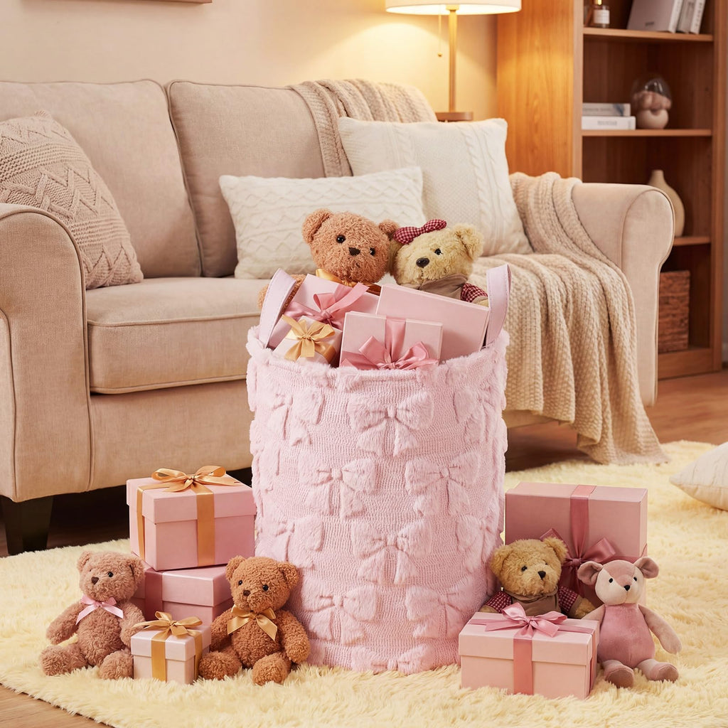 Coquette Pink Bow Laundry Basket 18 x 14 Inch Coquette Storage Basket for Girls Nursery Hamper Foldable Fluffy Plush
