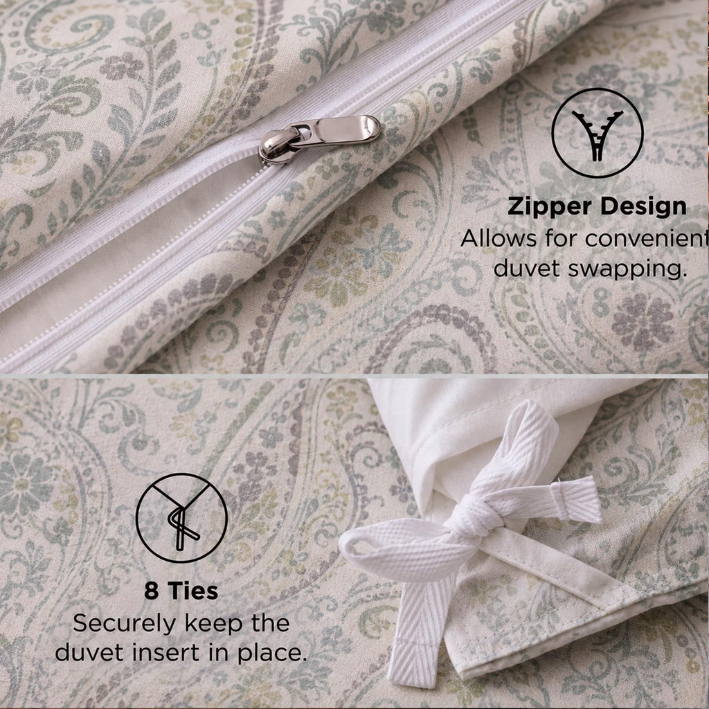 Linen Cotton Duvet Cover Set, Light Grey Paisley Bedding Set, 3 Pieces Vintage Floral Duvet Cover with