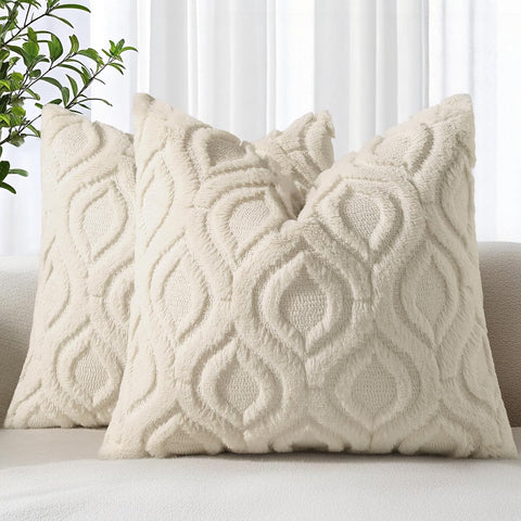 Throw Pillow Covers 18x18 Inch Set of 2, Soft Plush Faux Wool Beige Solid Couch Pillow Covers, Accent Farmhouse