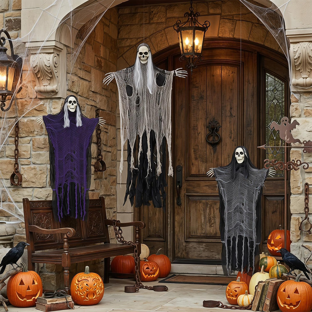 Scary Hanging Ghosts,Halloween Grim Reaper Skeleton Halloween Decor. - Set of 3