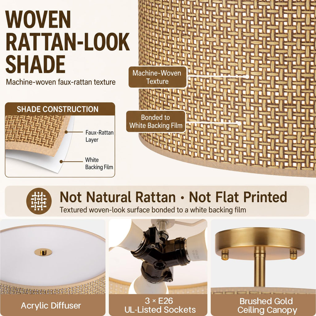13" Rattan-Style Boho Ceiling Light Fixture, 3-Light Modern Semi Flush Mount Lamp with Drum Shade, Rustic Brown