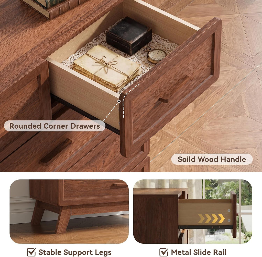 Walnut 6 Drawer Dresser , 47" Tall Chest of Drawers | Rounded Corner Safety Design, Stable 4-Leg Structure, Suitable