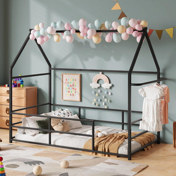 Metal Montessori Floor Bed with Guardrails & Clothing Rack, No Box Spring Needed, Black