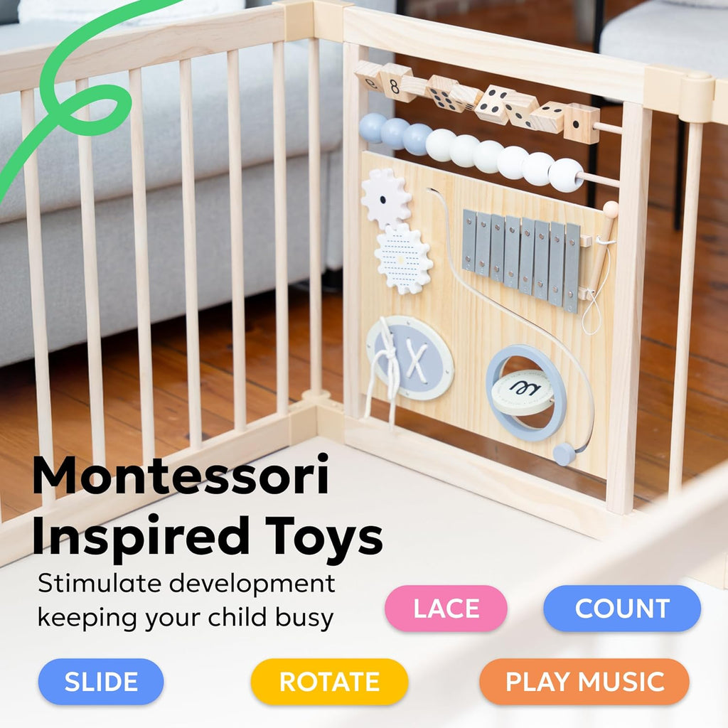 Baby Playpen, Wooden Playpen for Babies and Toddlers, Foldable Fence with Montessori Activity Panel, Storage Basket &