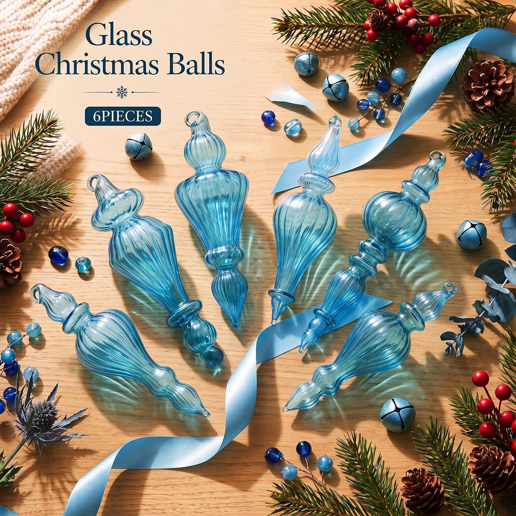 Vintage Glass Christmas Ornaments, Antique, Blue - Set of 6