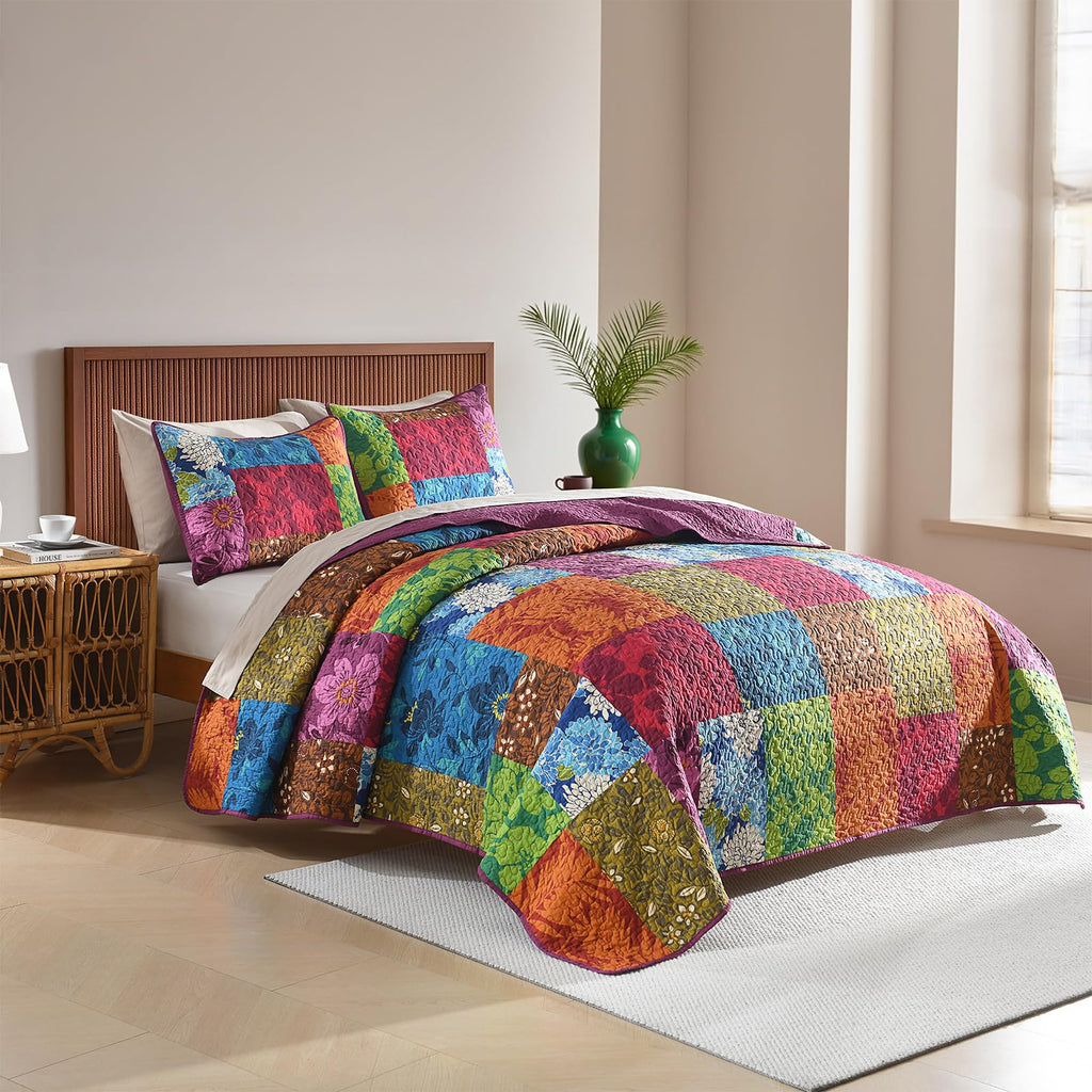 Quilt Bedspread Set with 2 Pillow Shams-Waffle Textured Breathable Coverlet Needle-Punched Plush Fill