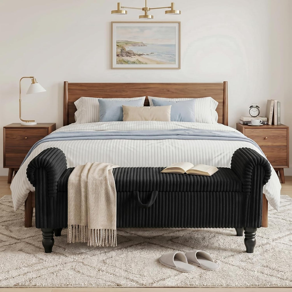 55" Storage Ottoman Bench, Corduroy End of Bed Bench , Black | Upholstered Entryway Bench with Seating, Solid Wood