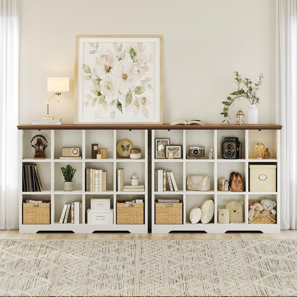 12 Cube Organizer Bookcase, Cube Shelf with Storage, Walnut + White