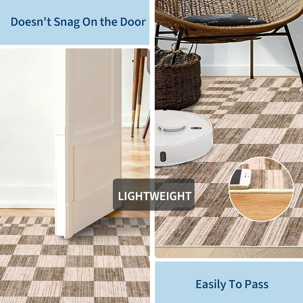 2x6 Kitchen Runner Rug Non Slip Washable Runner Rug | Brown Checkered Rug Soft Low-Pile Geometric Tan Print Modern