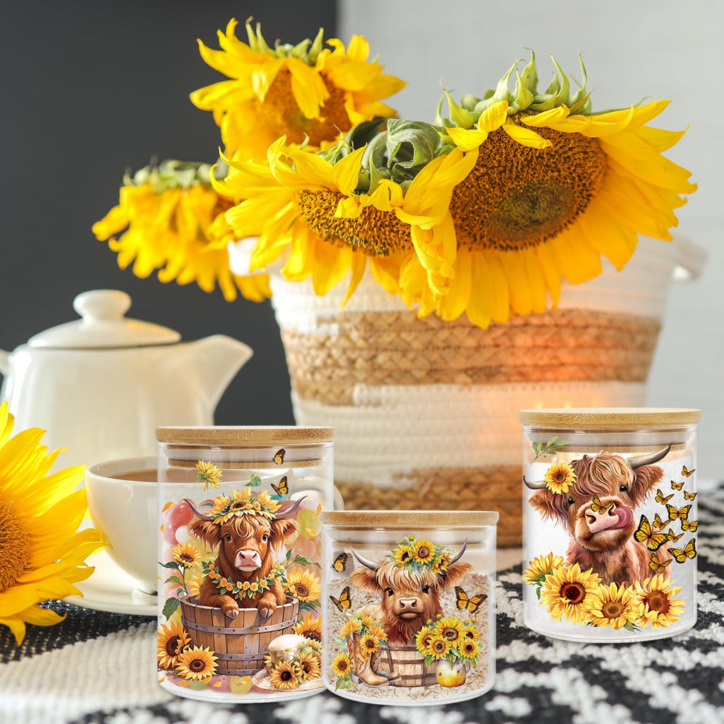 5 Pack Highland Cow Sunflower Glass Storage Jars with Airtight Lid Watercolor Cattle Floral Decorative Canisters Sets