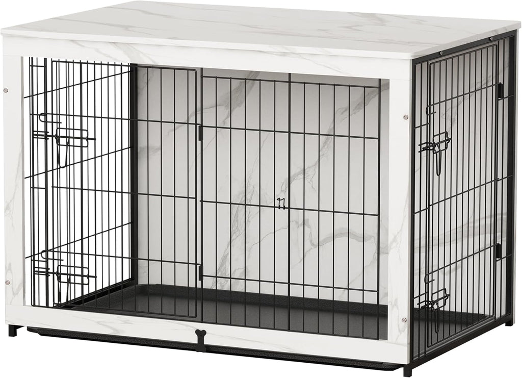 Wooden Dog Crate Furniture with Cushion, Large Dog Crate End Table with Tray, Double Doors Kennels Indoor (43.1"