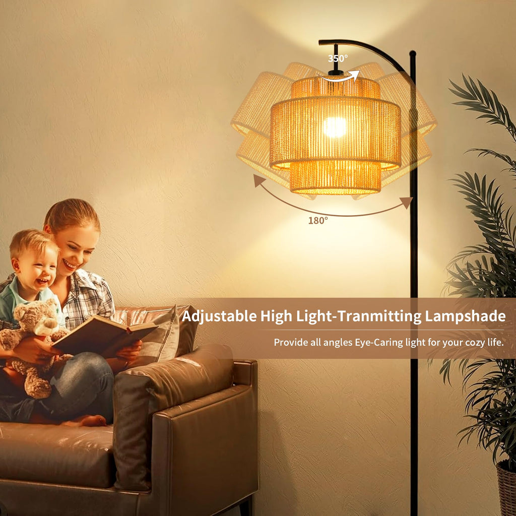 Rattan Floor Lamp Bedroom Boho Arc Standing Lamp with Remote Dimmable Black Farmhouse Wicker Bamboo Lamp Shade Floor