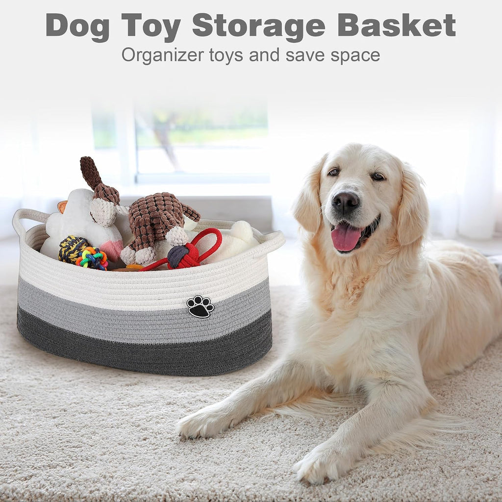 40L Extra Larg Dog Toy Basket, Woven Rope Storage Basket, White-Grey