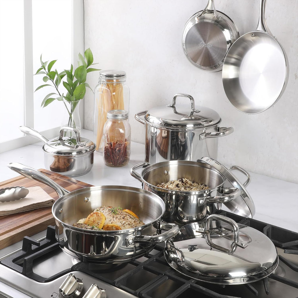 Platinum Sedwick 10-Piece Stackable Stainless Steel Pots and Pans Cookware Set W/Domed Stainless Steel Lids W/TriPly