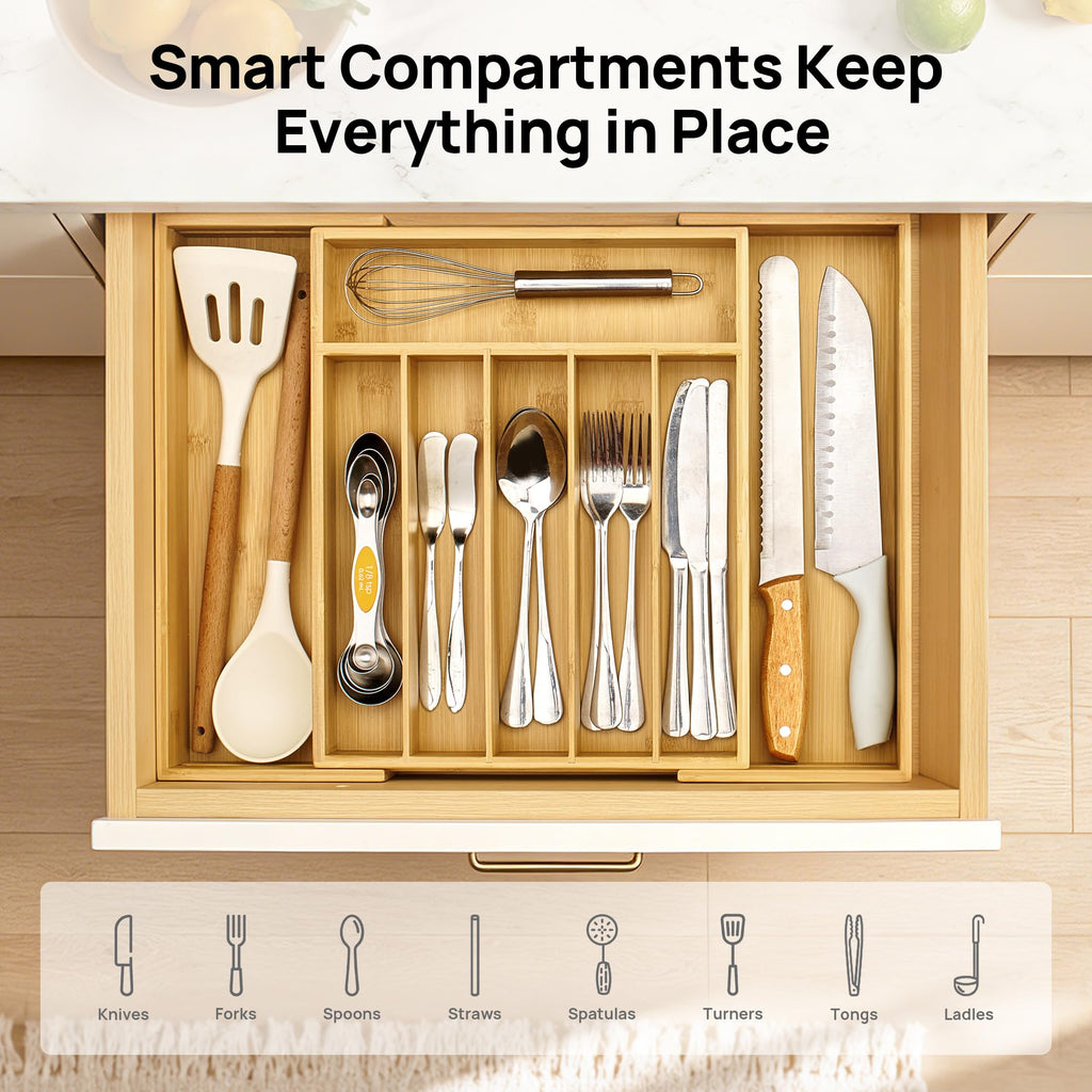Expandable Bamboo Drawer Organizer, Adjustable Tray