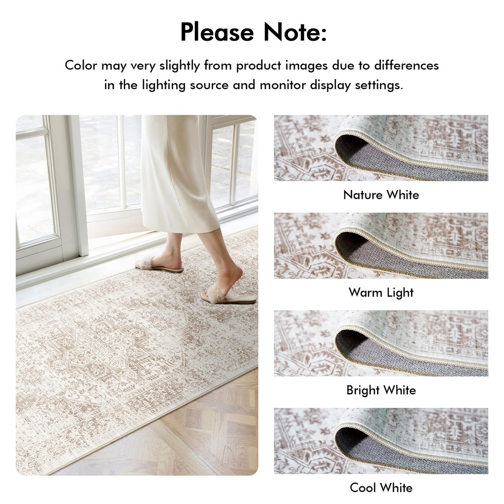 2'6"x16 Washable Long Runner Rug: Vintage Non Slip Hallway Rug IvoryBeige